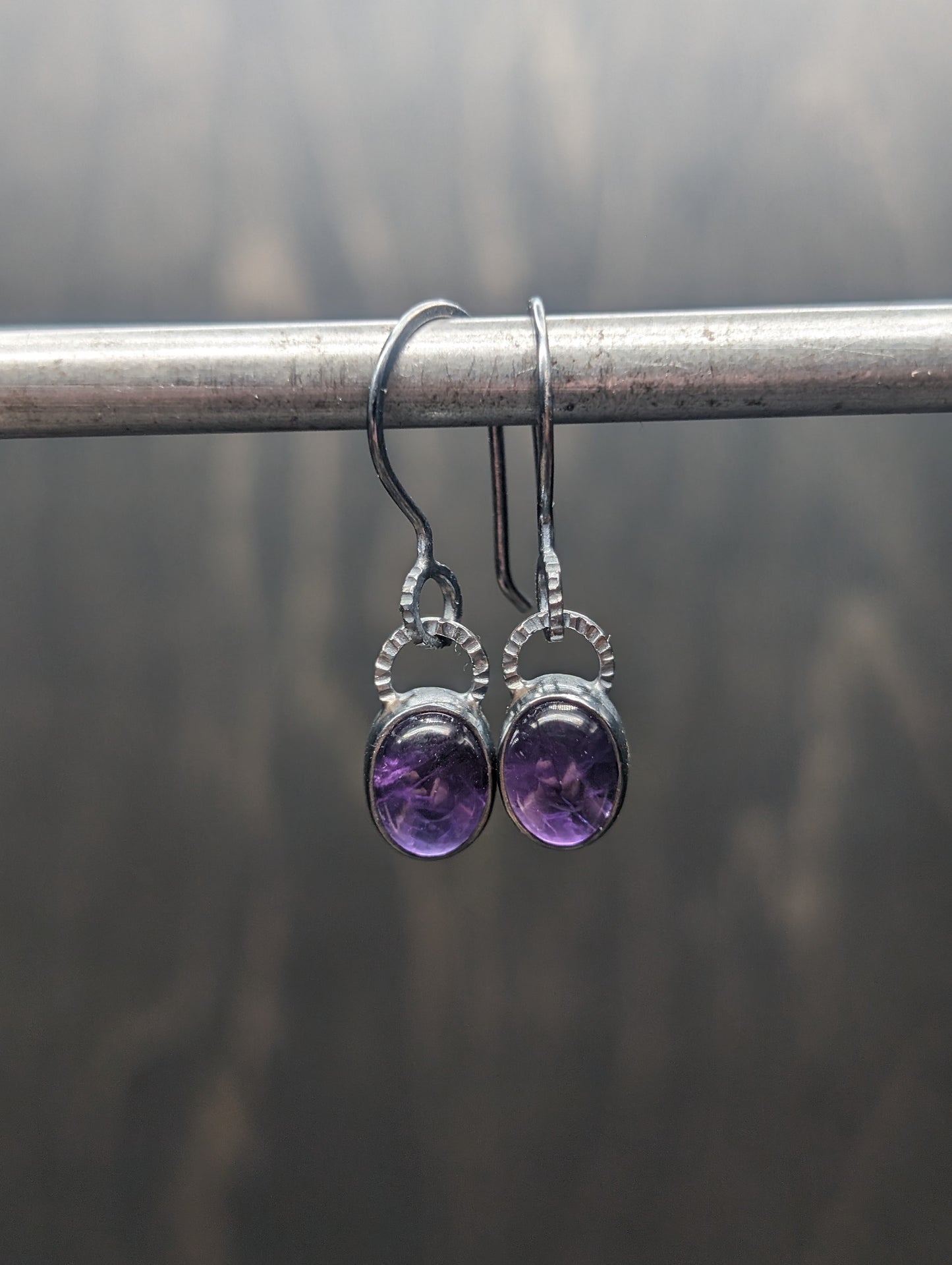 Small Oval Amethyst Textured Sterling Silver Dangle Earrings