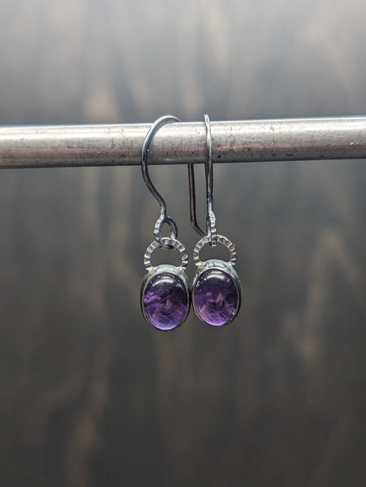 Small Oval Amethyst Textured Sterling Silver Dangle Earrings