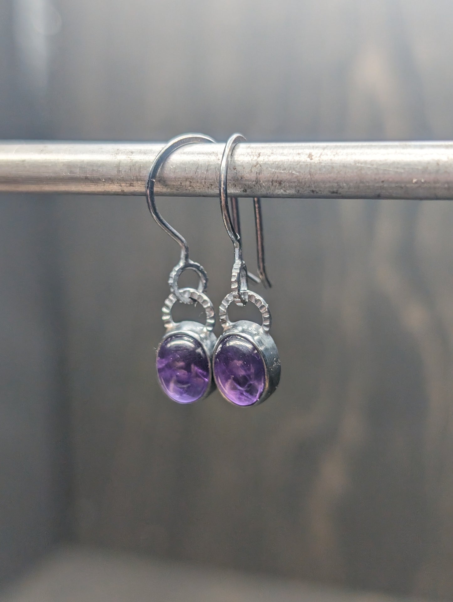 Small Oval Amethyst Textured Sterling Silver Dangle Earrings