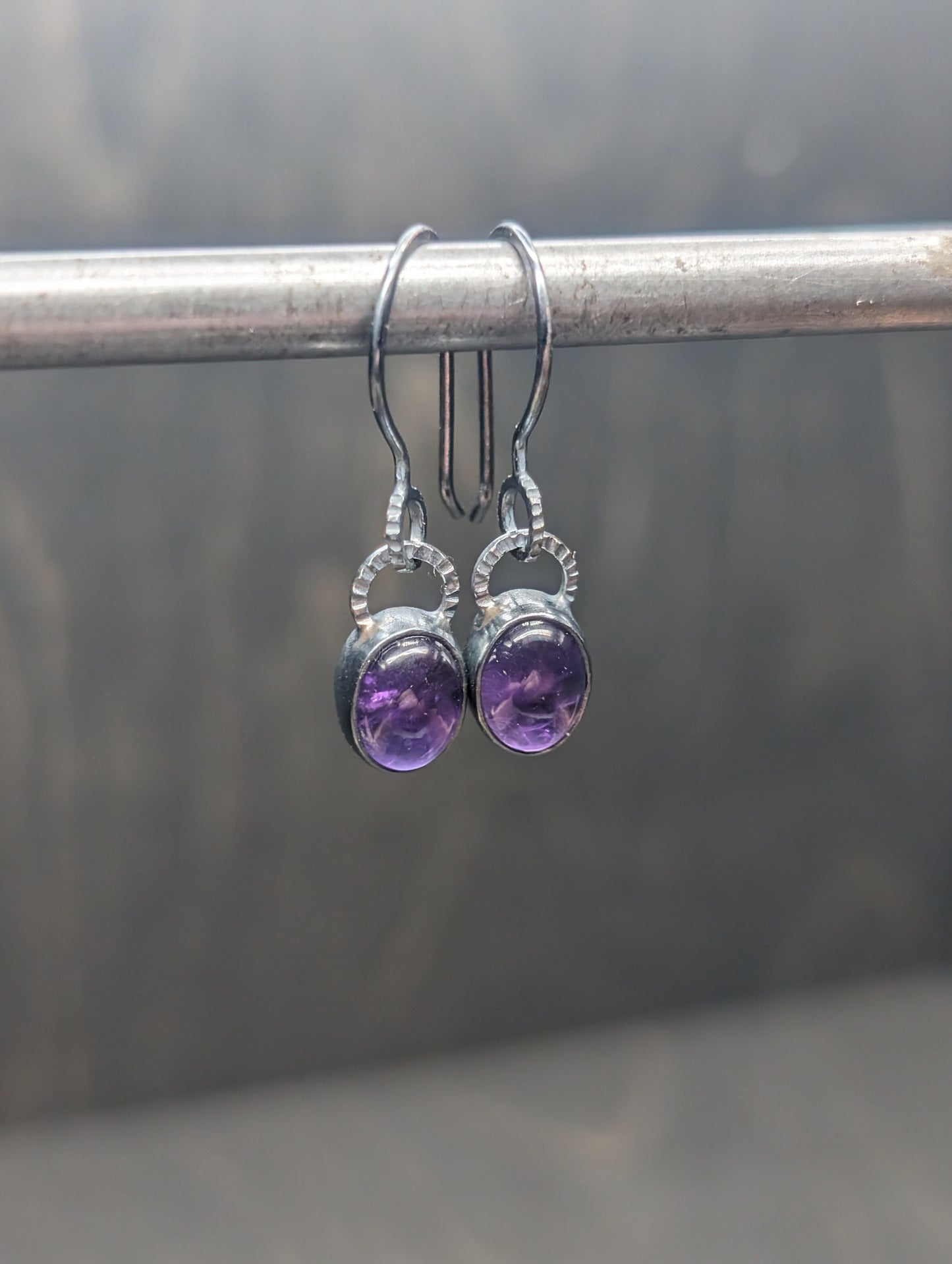 Small Oval Amethyst Textured Sterling Silver Dangle Earrings