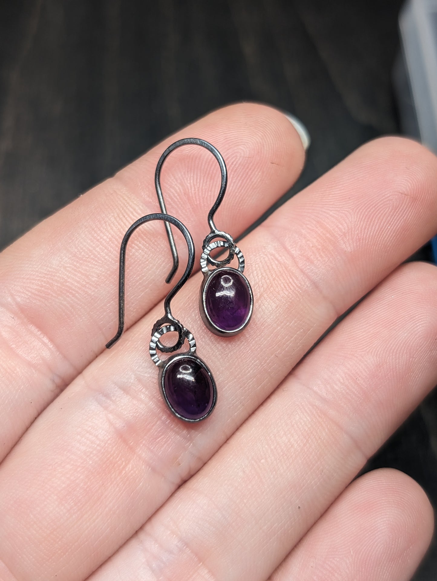 Small Oval Amethyst Textured Sterling Silver Dangle Earrings