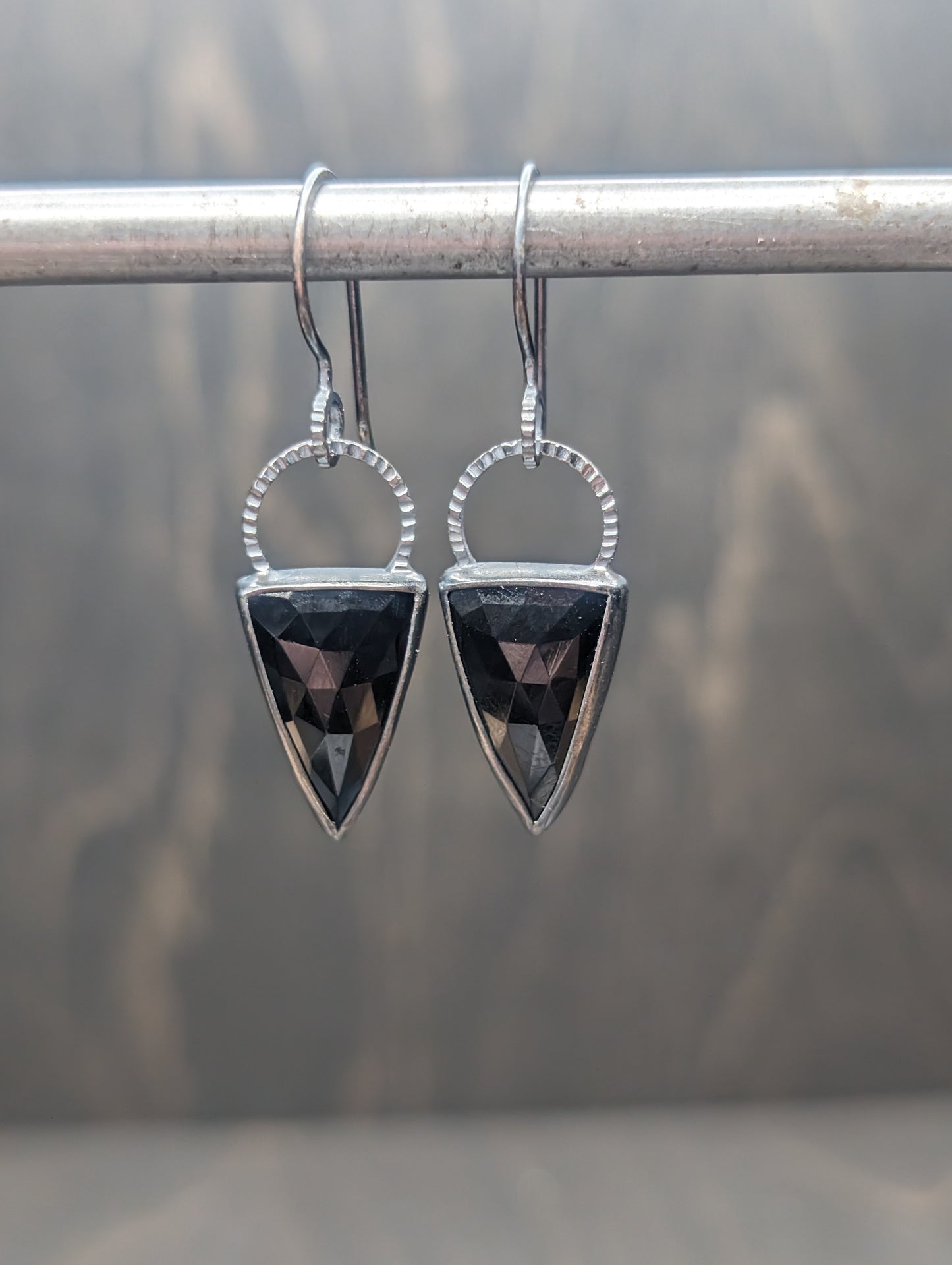 Black Onyx Triangle Textured Sterling Silver Dangle Earrings