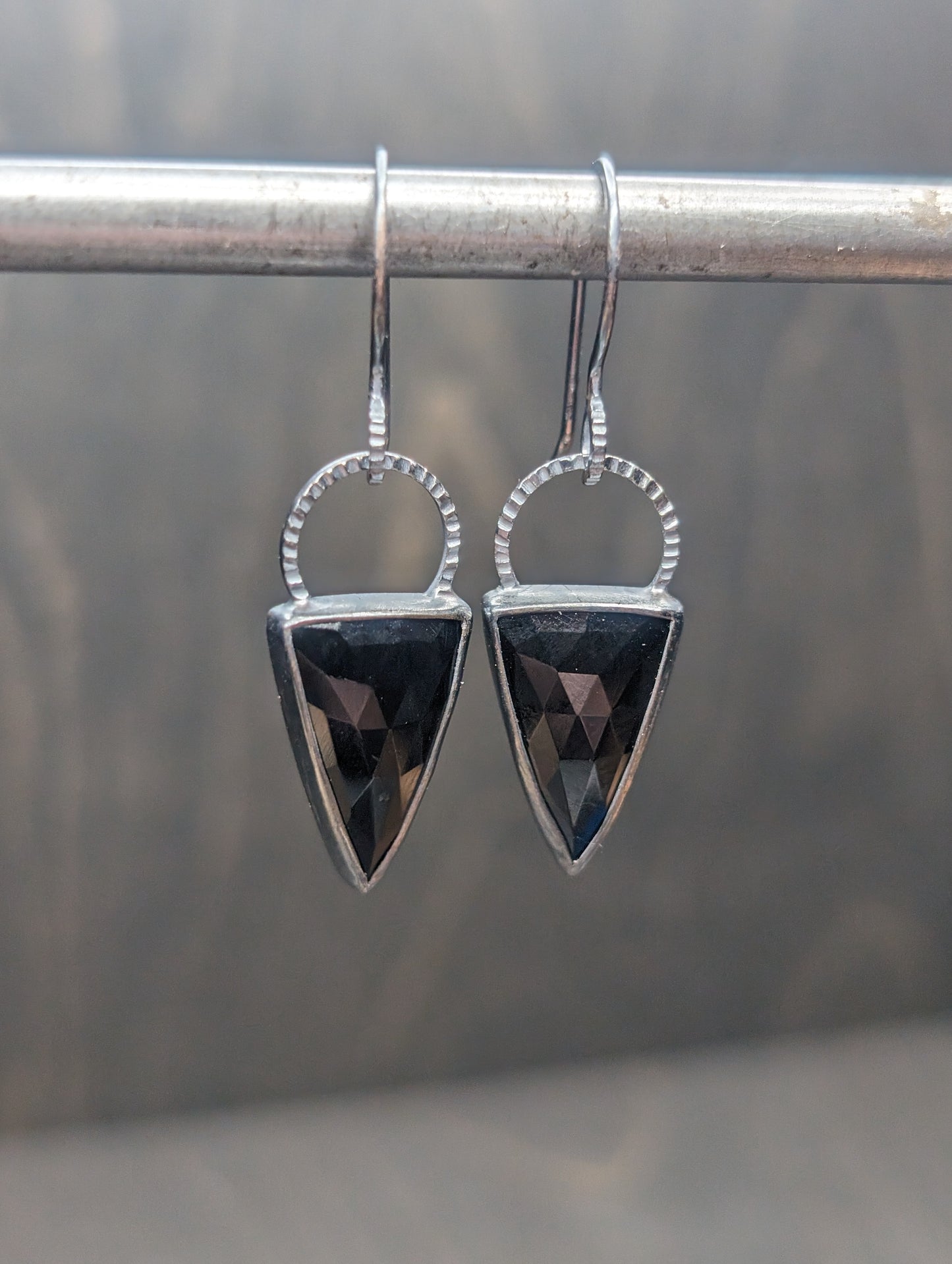 Black Onyx Triangle Textured Sterling Silver Dangle Earrings