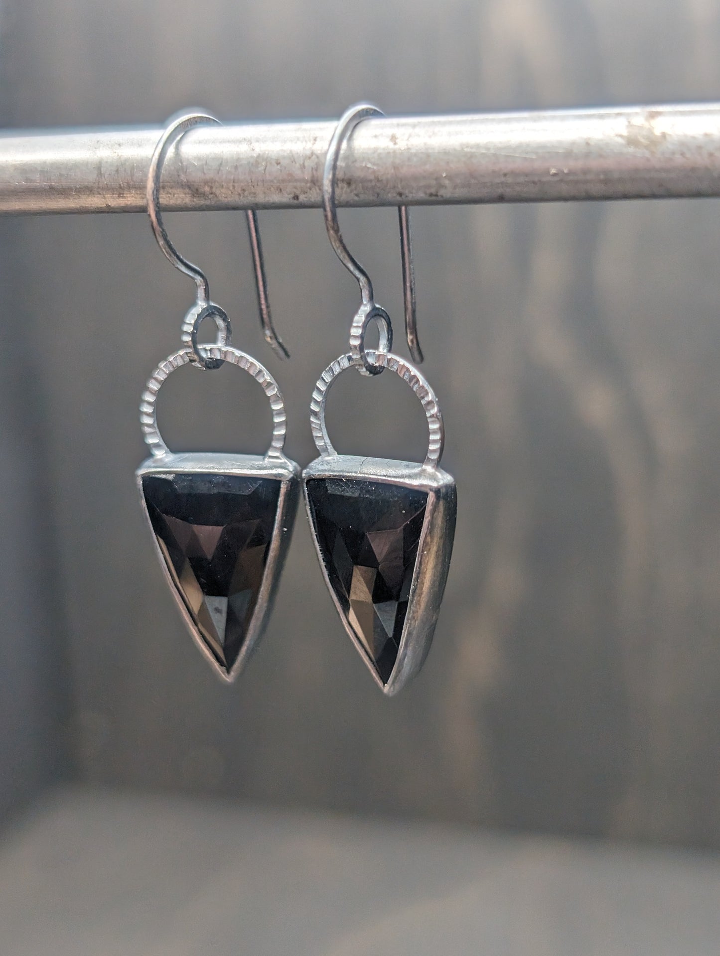 Black Onyx Triangle Textured Sterling Silver Dangle Earrings