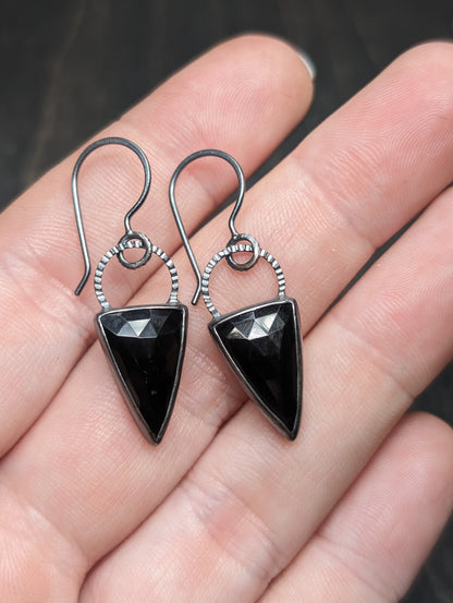 Black Onyx Triangle Textured Sterling Silver Dangle Earrings