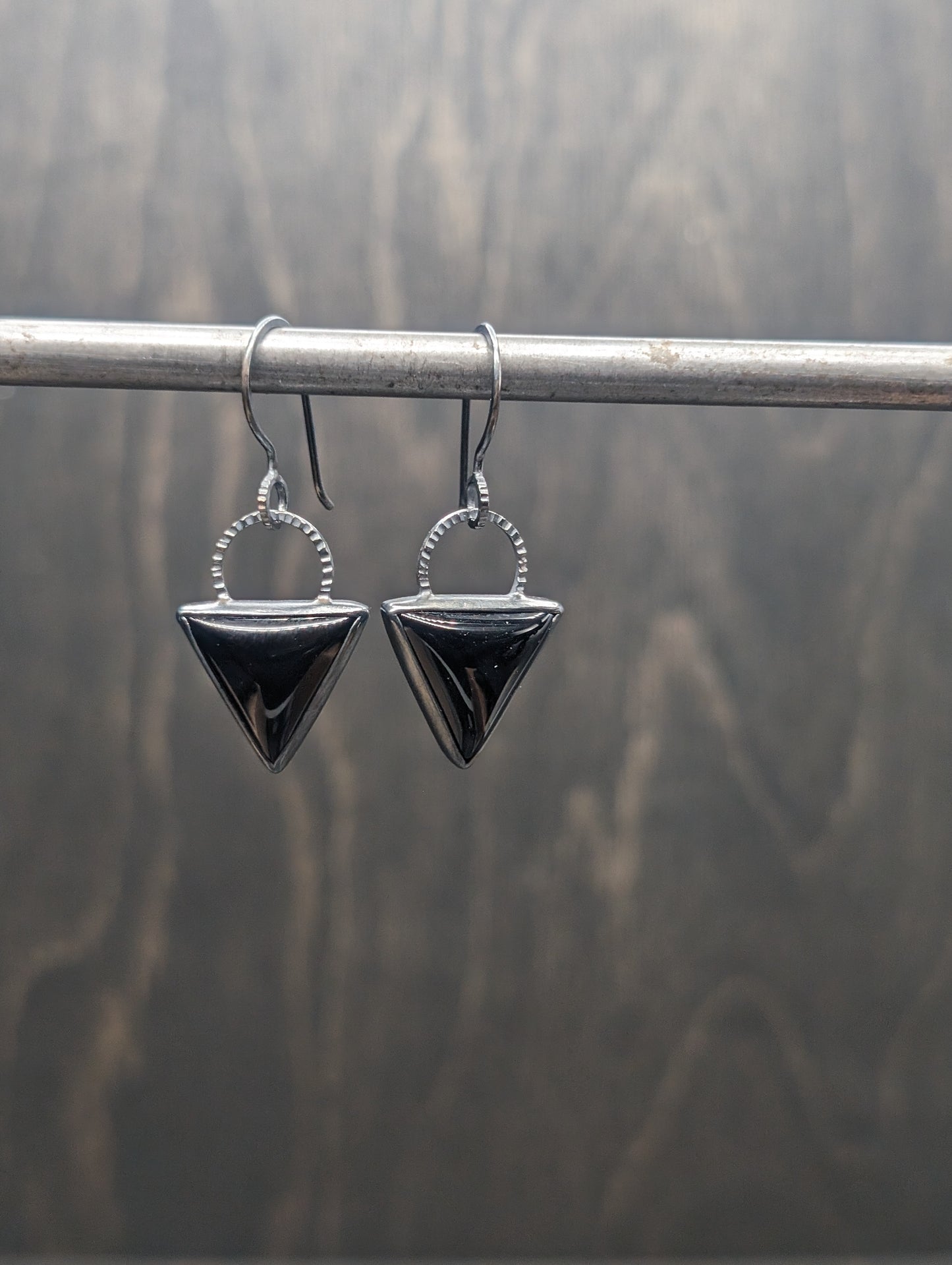 Smooth Black Onyx Triangle Textured Sterling Silver Dangle Earrings