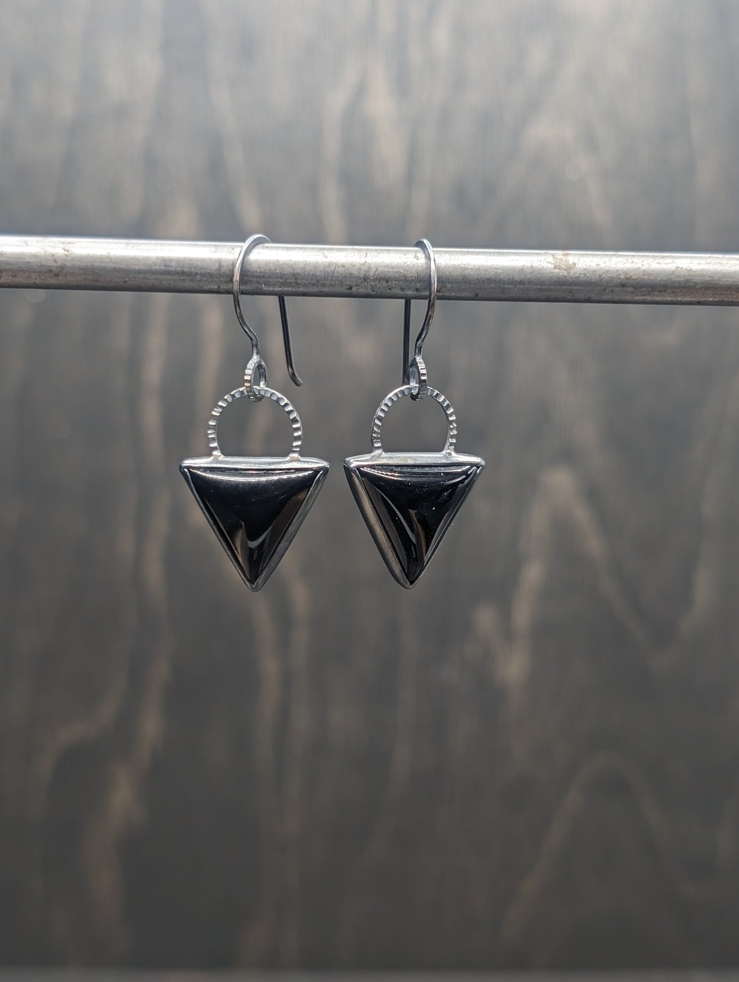 Smooth Black Onyx Triangle Textured Sterling Silver Dangle Earrings