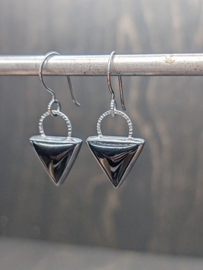 Smooth Black Onyx Triangle Textured Sterling Silver Dangle Earrings