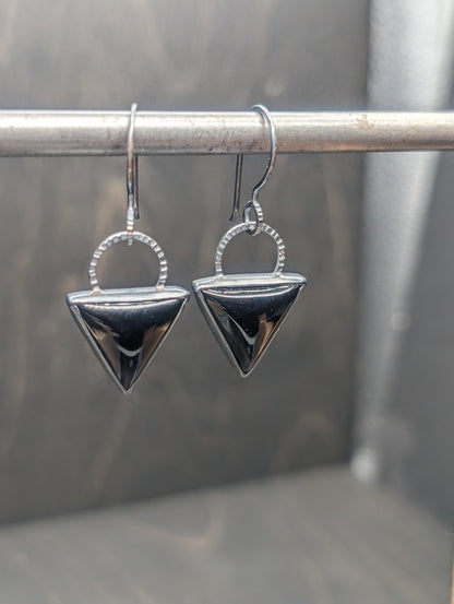 Smooth Black Onyx Triangle Textured Sterling Silver Dangle Earrings