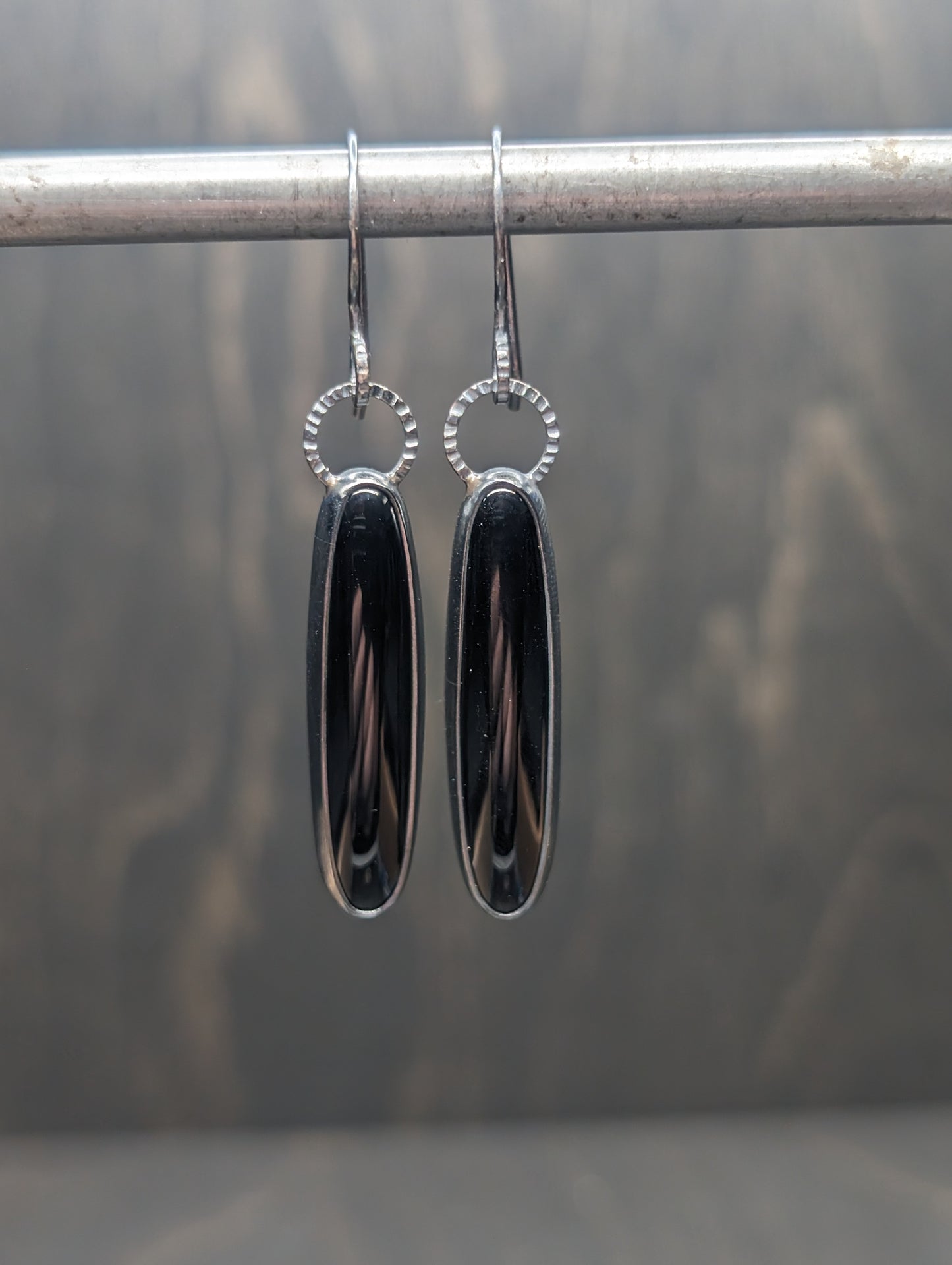 Thin Smooth Black Onyx Oval Textured Sterling Silver Dangle Earrings