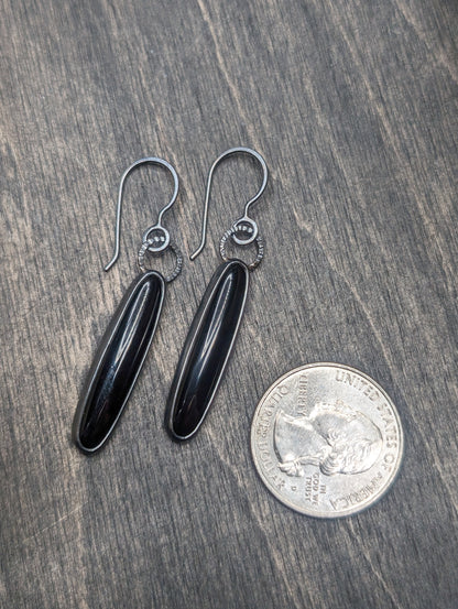 Thin Smooth Black Onyx Oval Textured Sterling Silver Dangle Earrings