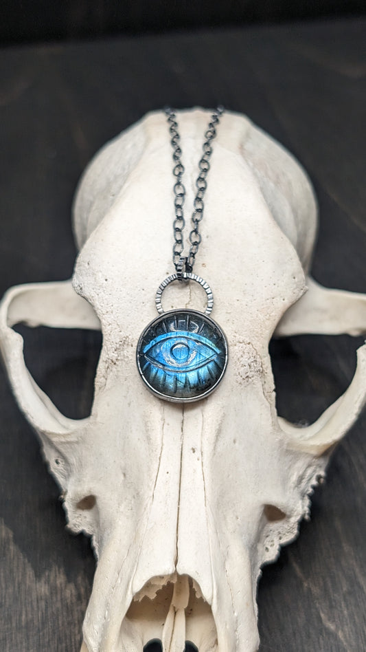 Medium Round Evil Eye Labradorite Textured Sterling Silver Necklace