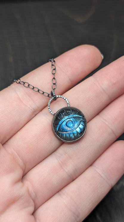 Medium Round Evil Eye Labradorite Textured Sterling Silver Necklace