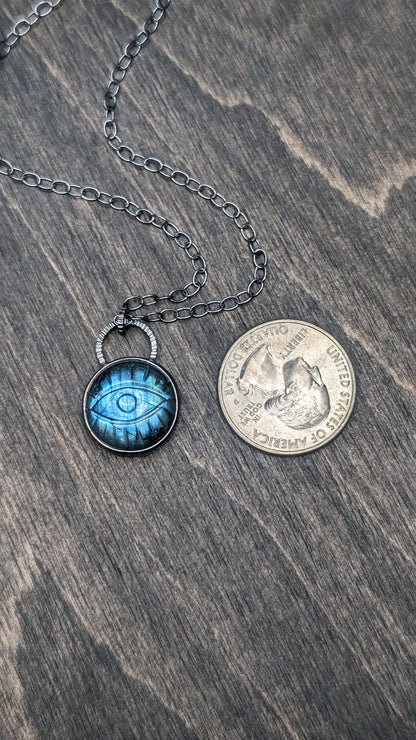 Medium Round Evil Eye Labradorite Textured Sterling Silver Necklace