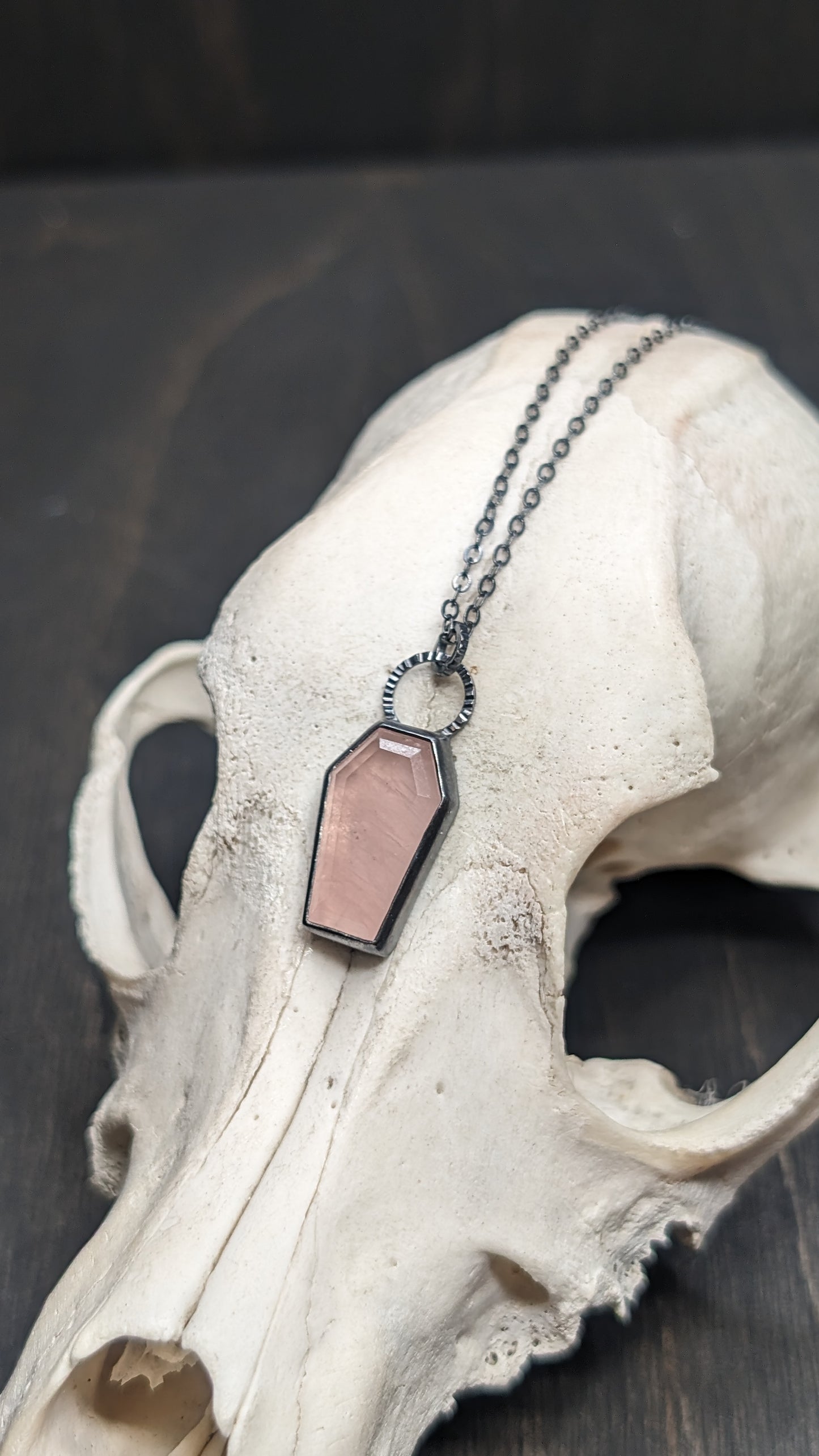 Rose Quartz Coffin Textured Sterling Silver Necklace