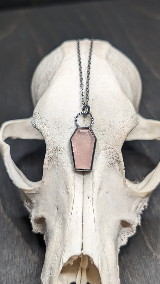 Rose Quartz Coffin Textured Sterling Silver Necklace