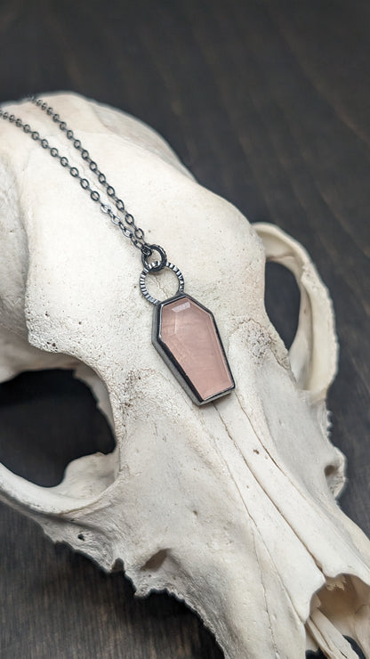 Rose Quartz Coffin Textured Sterling Silver Necklace