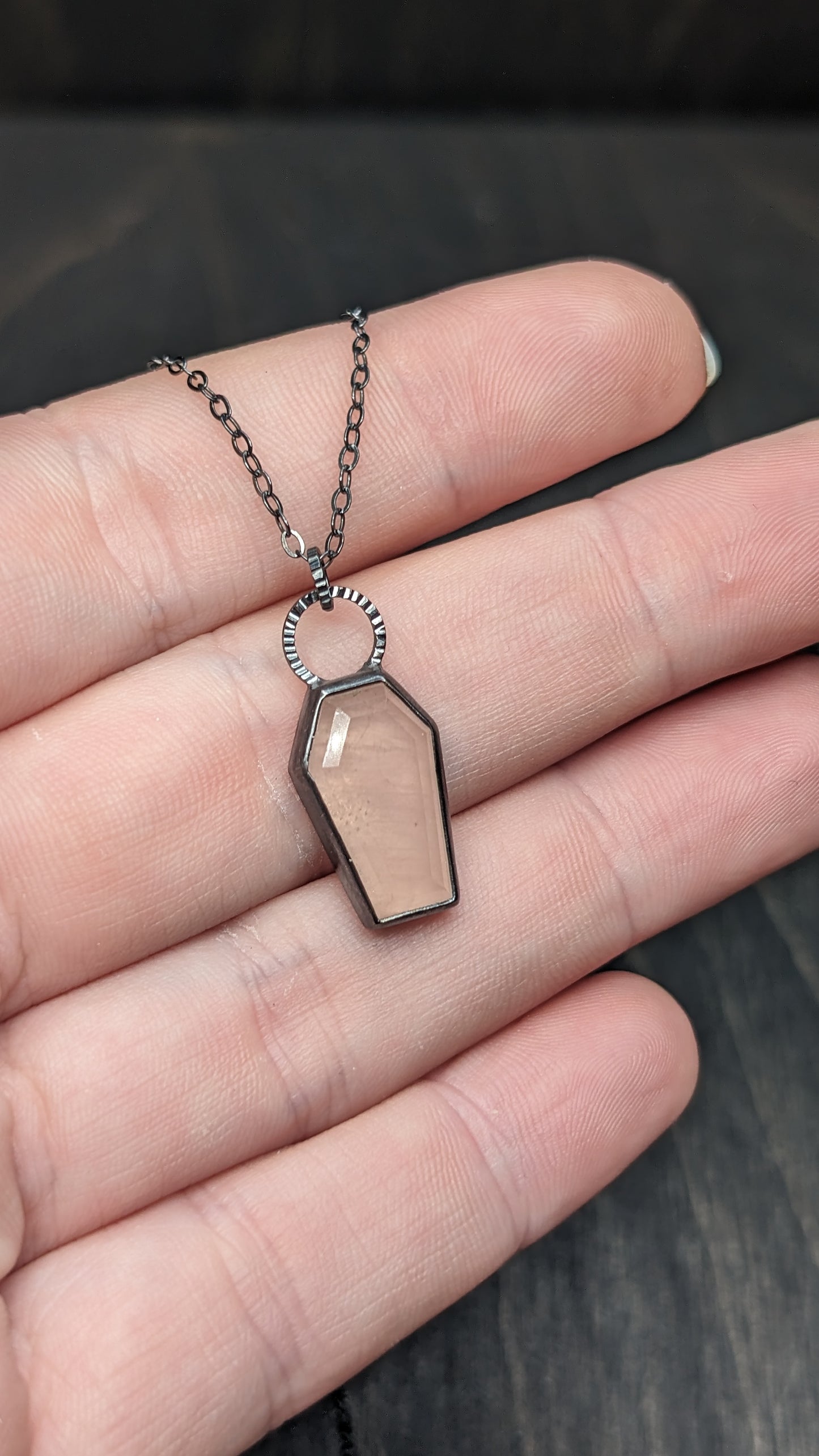 Rose Quartz Coffin Textured Sterling Silver Necklace