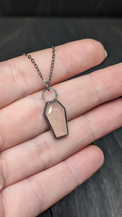 Rose Quartz Coffin Textured Sterling Silver Necklace