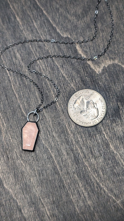 Rose Quartz Coffin Textured Sterling Silver Necklace