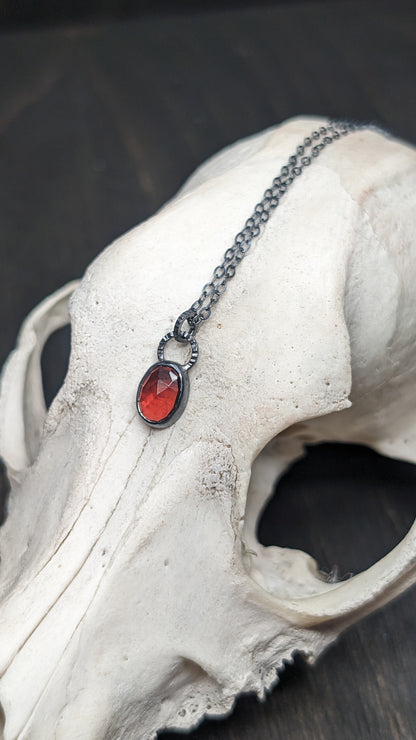 Rose cut Garnet Oval Textured Sterling Silver Necklace