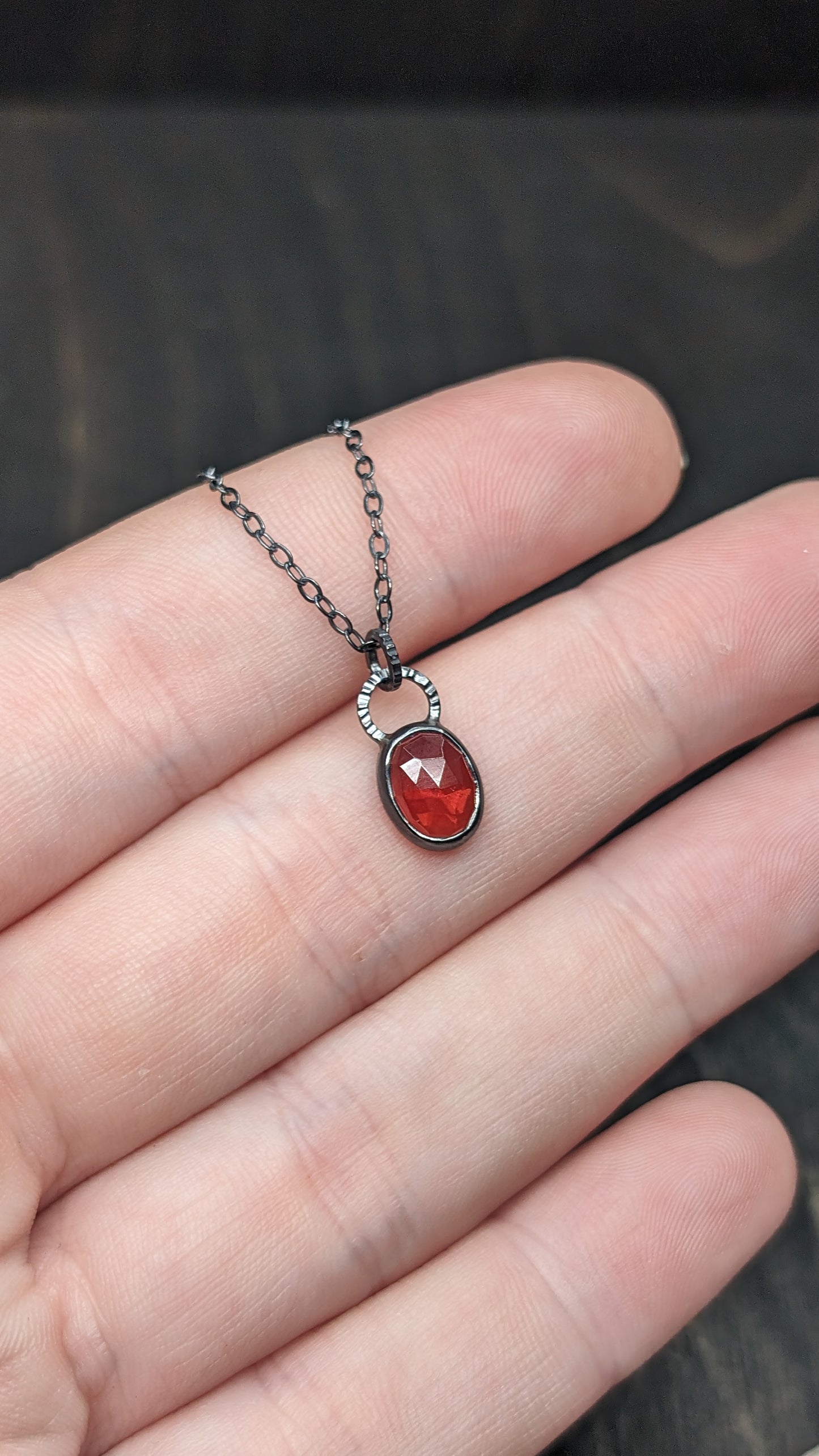 Rose cut Garnet Oval Textured Sterling Silver Necklace