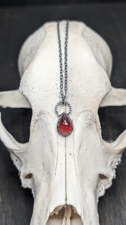 Rose cut Garnet Teardrop Textured Sterling Silver Necklace