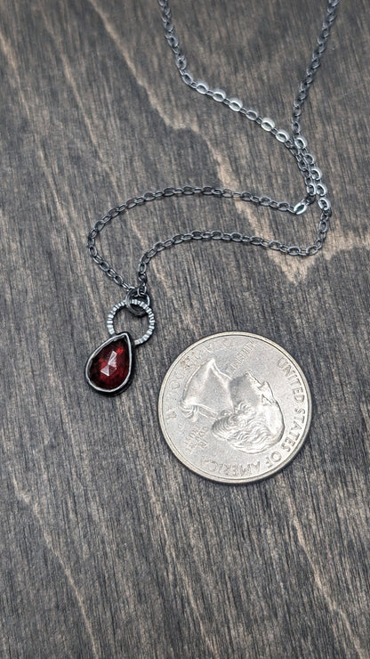 Rose cut Garnet Teardrop Textured Sterling Silver Necklace