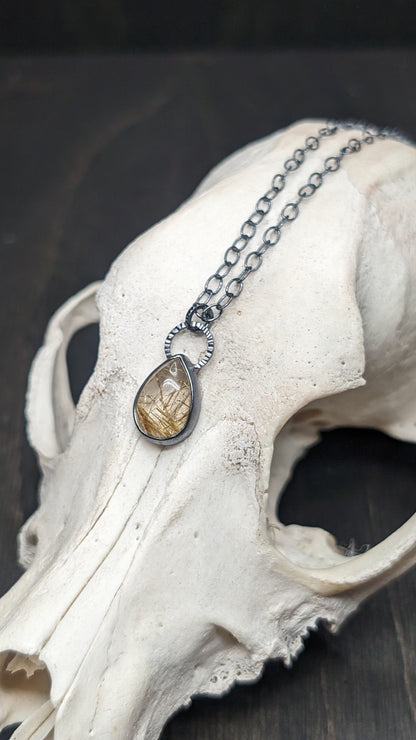 Golden Rutilated Quartz Teardrop Textured Sterling Silver Necklace