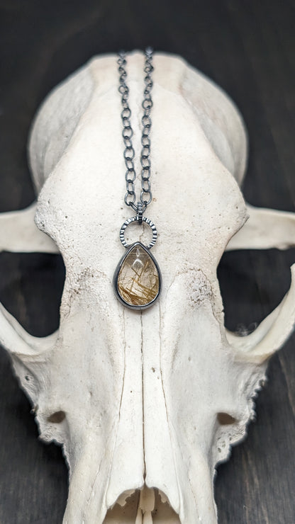 Golden Rutilated Quartz Teardrop Textured Sterling Silver Necklace