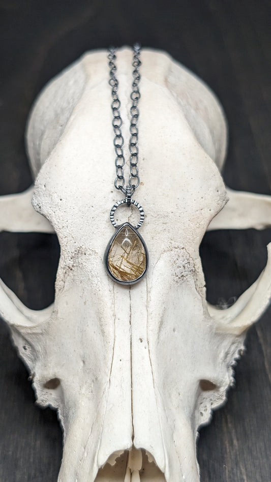 Golden Rutilated Quartz Teardrop Textured Sterling Silver Necklace