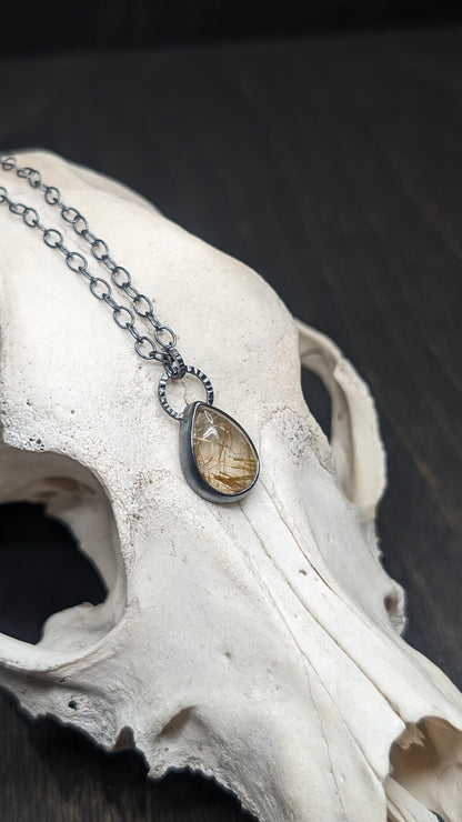 Golden Rutilated Quartz Teardrop Textured Sterling Silver Necklace