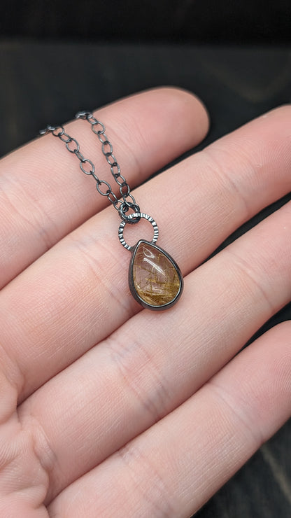 Golden Rutilated Quartz Teardrop Textured Sterling Silver Necklace