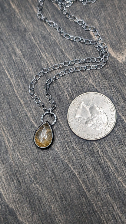 Golden Rutilated Quartz Teardrop Textured Sterling Silver Necklace