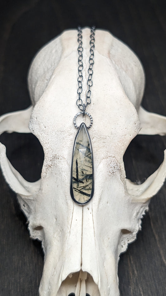 Long Teardrop Prehnite Textured Sterling Silver Necklace