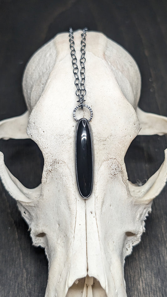 Black Onyx Thin Oval Textured Sterling Silver Necklace