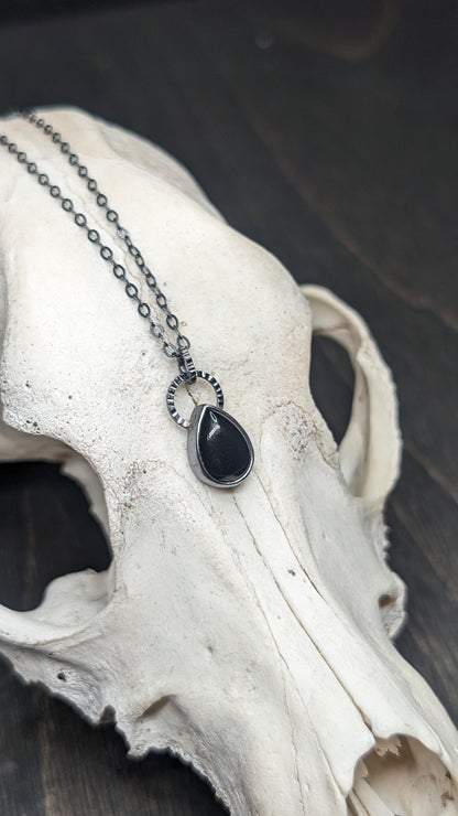 Small Black Onyx Teardrop Textured Sterling Silver Necklace