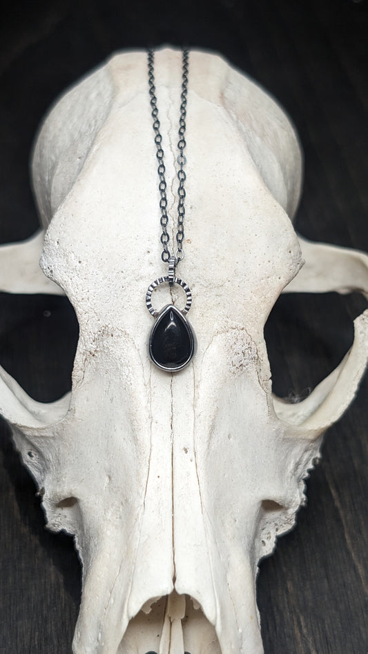 Small Black Onyx Teardrop Textured Sterling Silver Necklace