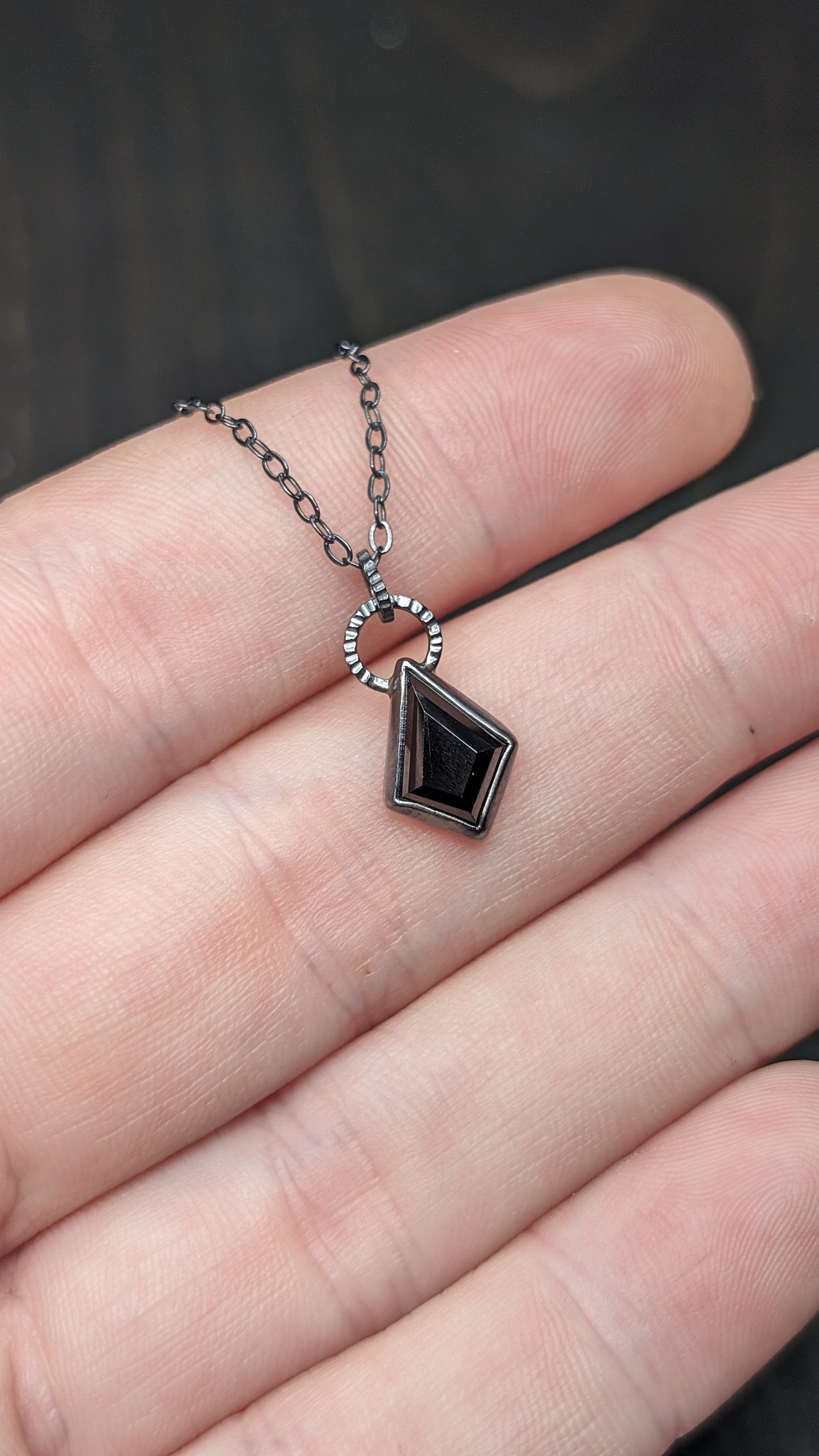 Small Black Spinel Kite Textured Sterling Silver Necklace