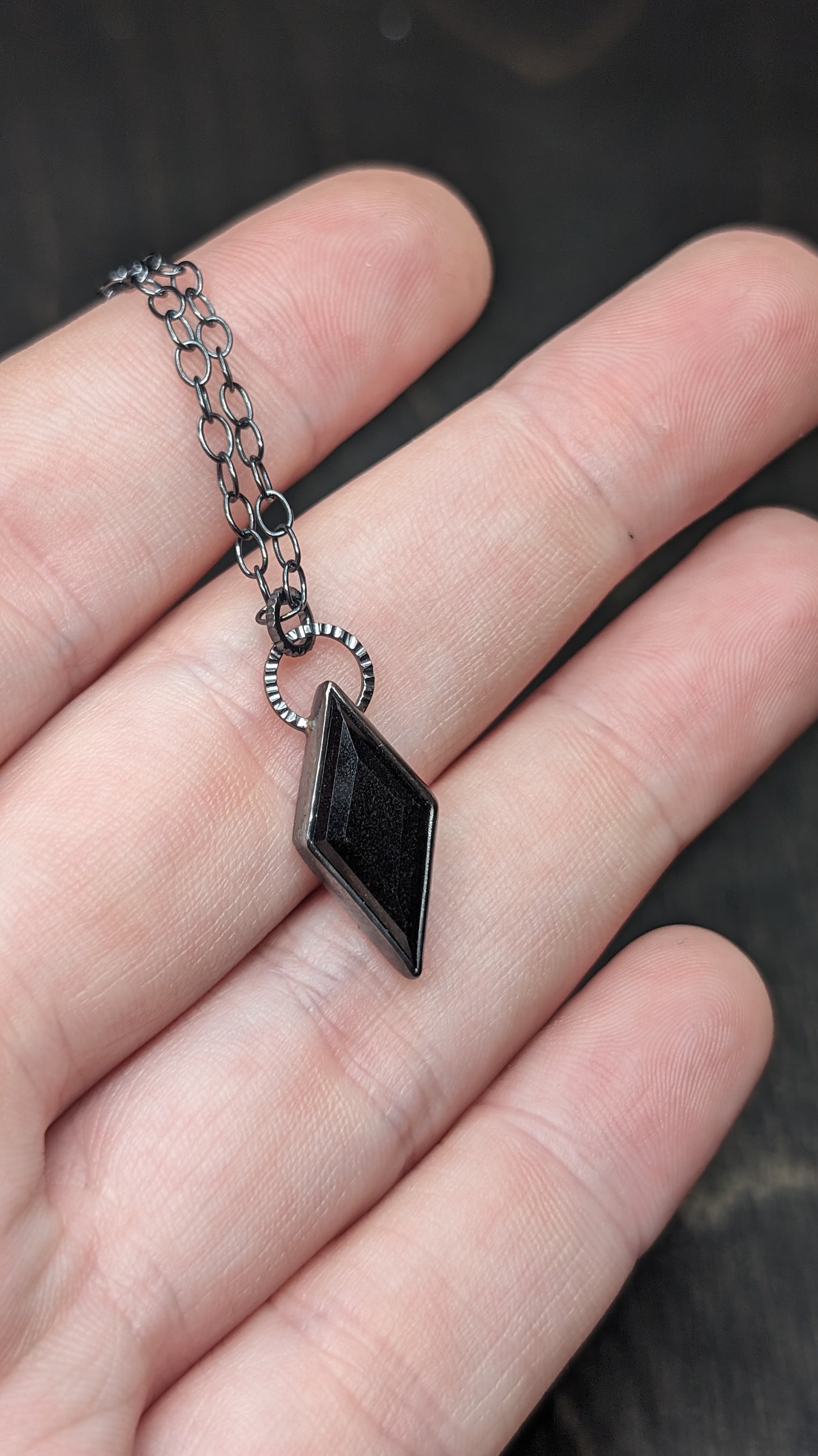Small Black Spinel Diamond Textured Sterling Silver Necklace