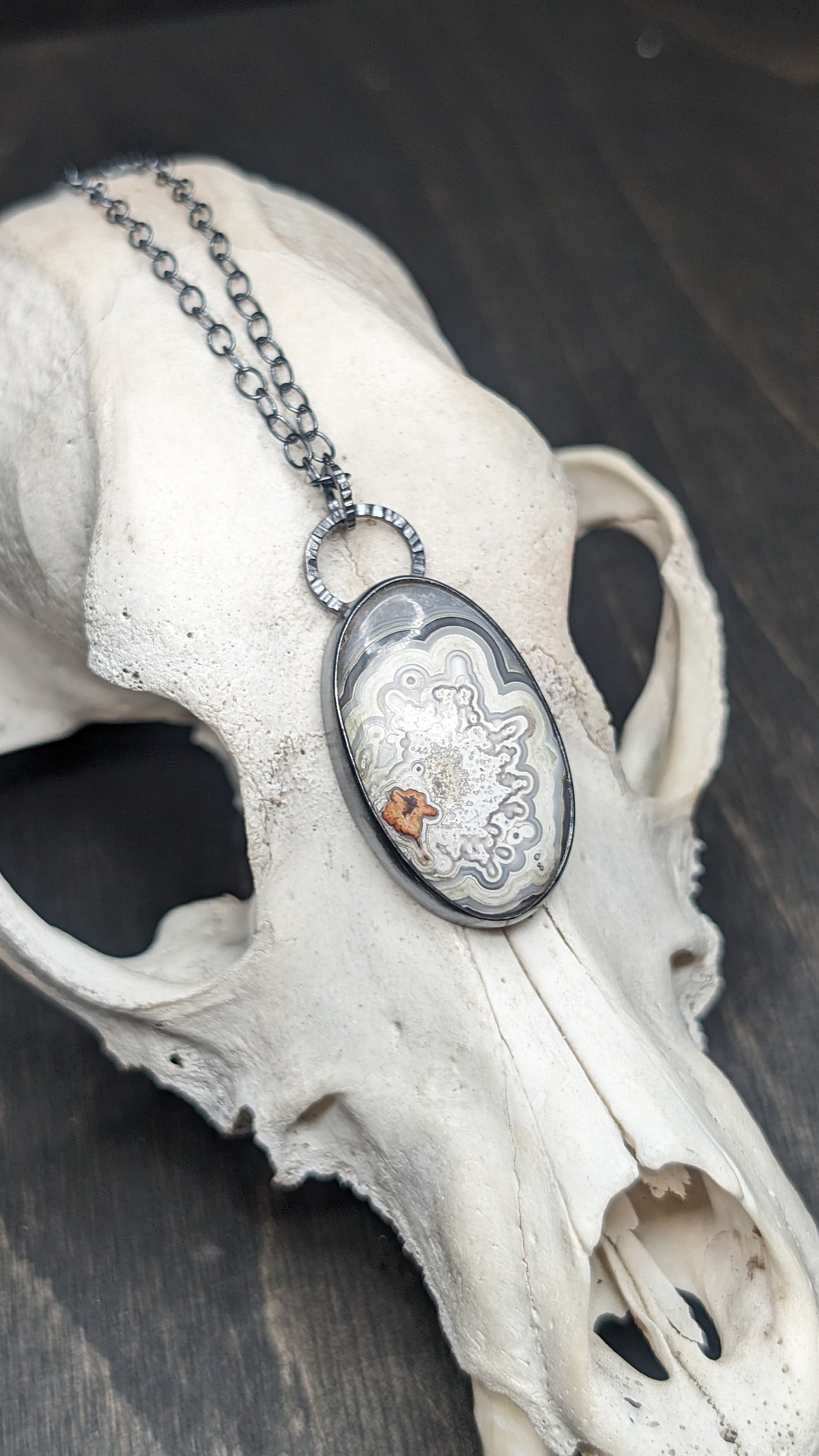 Medium Crazy Lace Agate Textured Sterling Silver Necklace