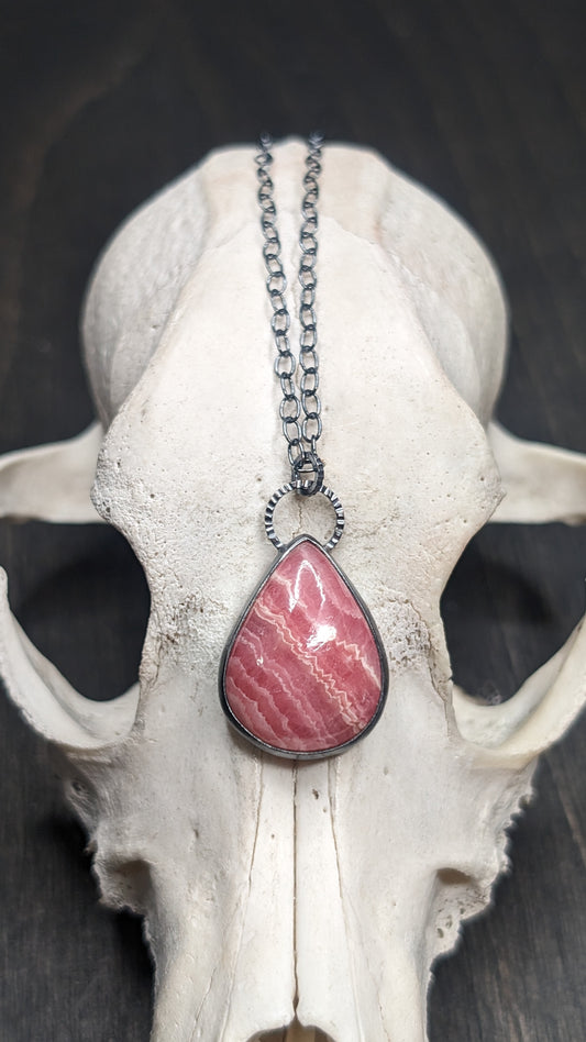 Rhodochrosite Teardrop Textured Sterling Silver Necklace