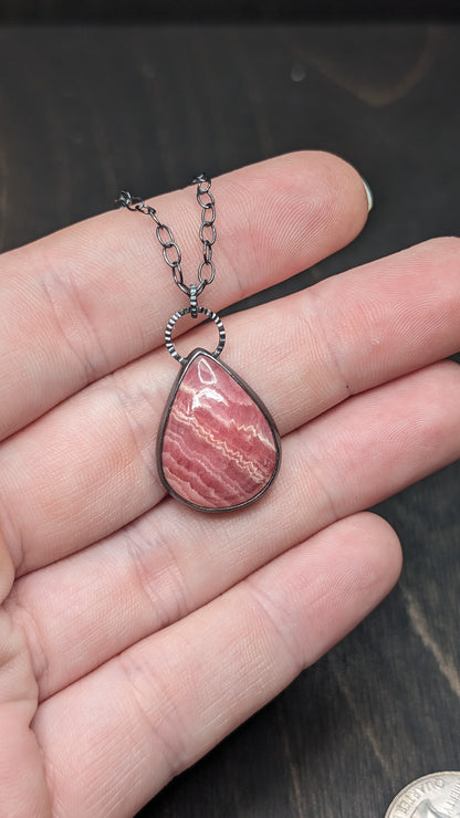 Rhodochrosite Teardrop Textured Sterling Silver Necklace