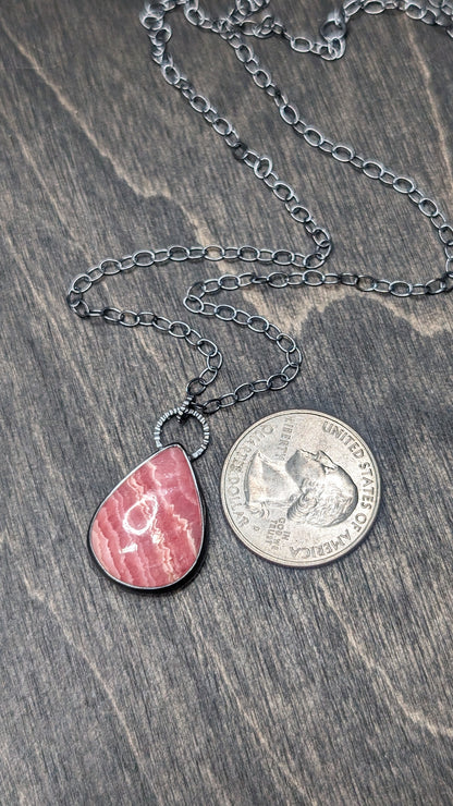 Rhodochrosite Teardrop Textured Sterling Silver Necklace