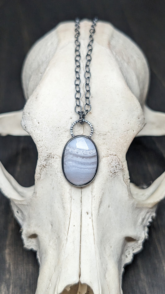 Facted Oval Blue Lace Agate Textured Sterling Silver Necklace