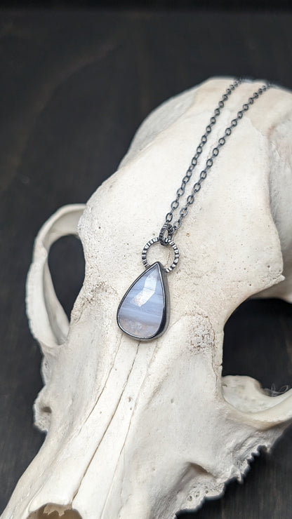 Teardrop Blue Lace Agate Textured Sterling Silver Necklace