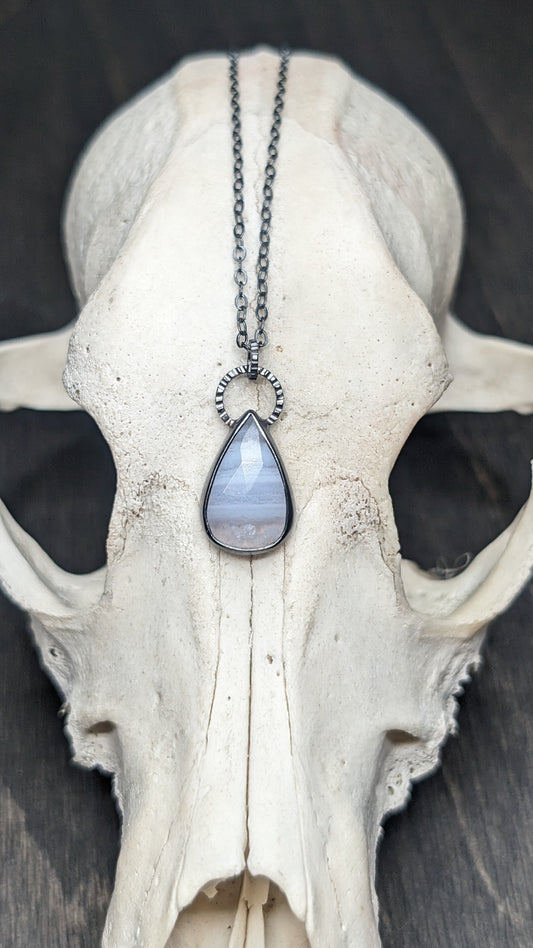 Teardrop Blue Lace Agate Textured Sterling Silver Necklace