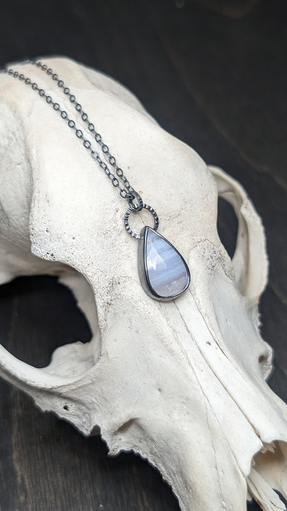 Teardrop Blue Lace Agate Textured Sterling Silver Necklace