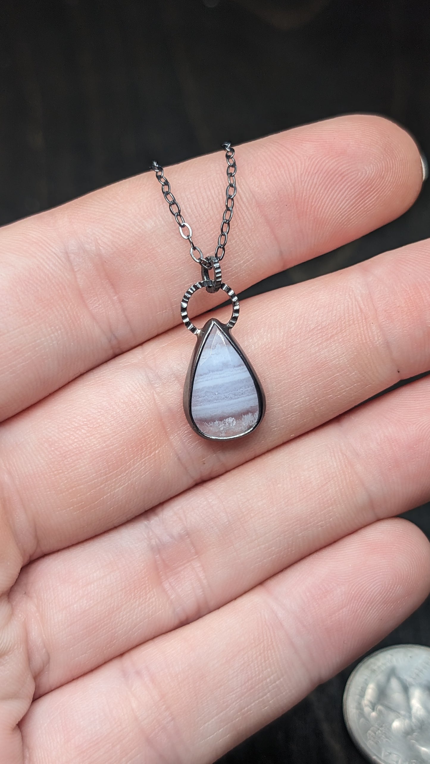 Teardrop Blue Lace Agate Textured Sterling Silver Necklace