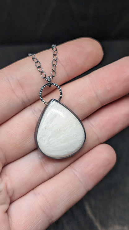 XL Scolecite Teardrop Textured Sterling Silver Necklace